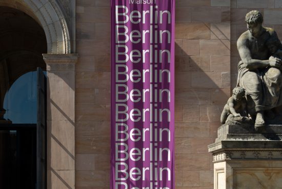 Banner mockup graphic with repetitive 'Berlin' text in modern sans-serif font, contrasting with classic architecture and stone statue.
