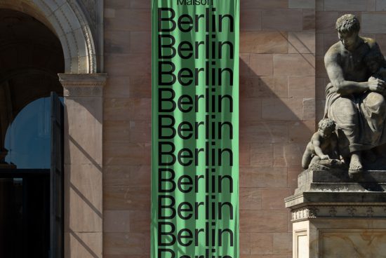 Green banner with repeating "Berlin" text in modern font displayed on a building, beside a classic statue, ideal for graphics and mockup categories.
