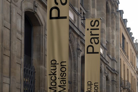 Vertical banner mockup on a city street with text overlay, ideal for designers to display branding graphics in urban settings.