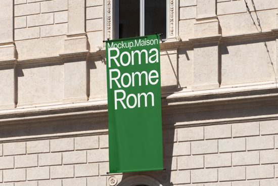 Mockup banner hanging on building with text variations of Rome for design presentation, clear typography showcase for font designers.