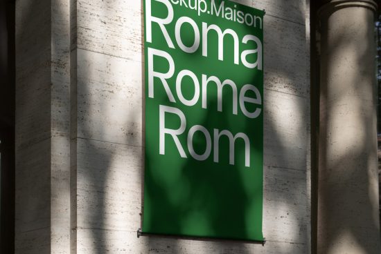 Green poster mockup on a marble column with typography design showcasing the word Rome in progressive sizes for graphic design display.