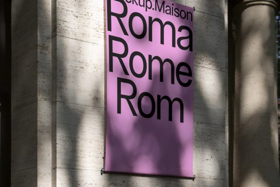 Banner mockup hanging on a column, displaying bold typography design in purple, suitable for font presentation and graphics showcase.