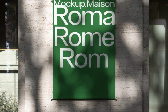 Urban poster mockup displaying green 'Roma Rome Rom' banner on textured wall, with sunlight and shadow, ideal for graphic designers.