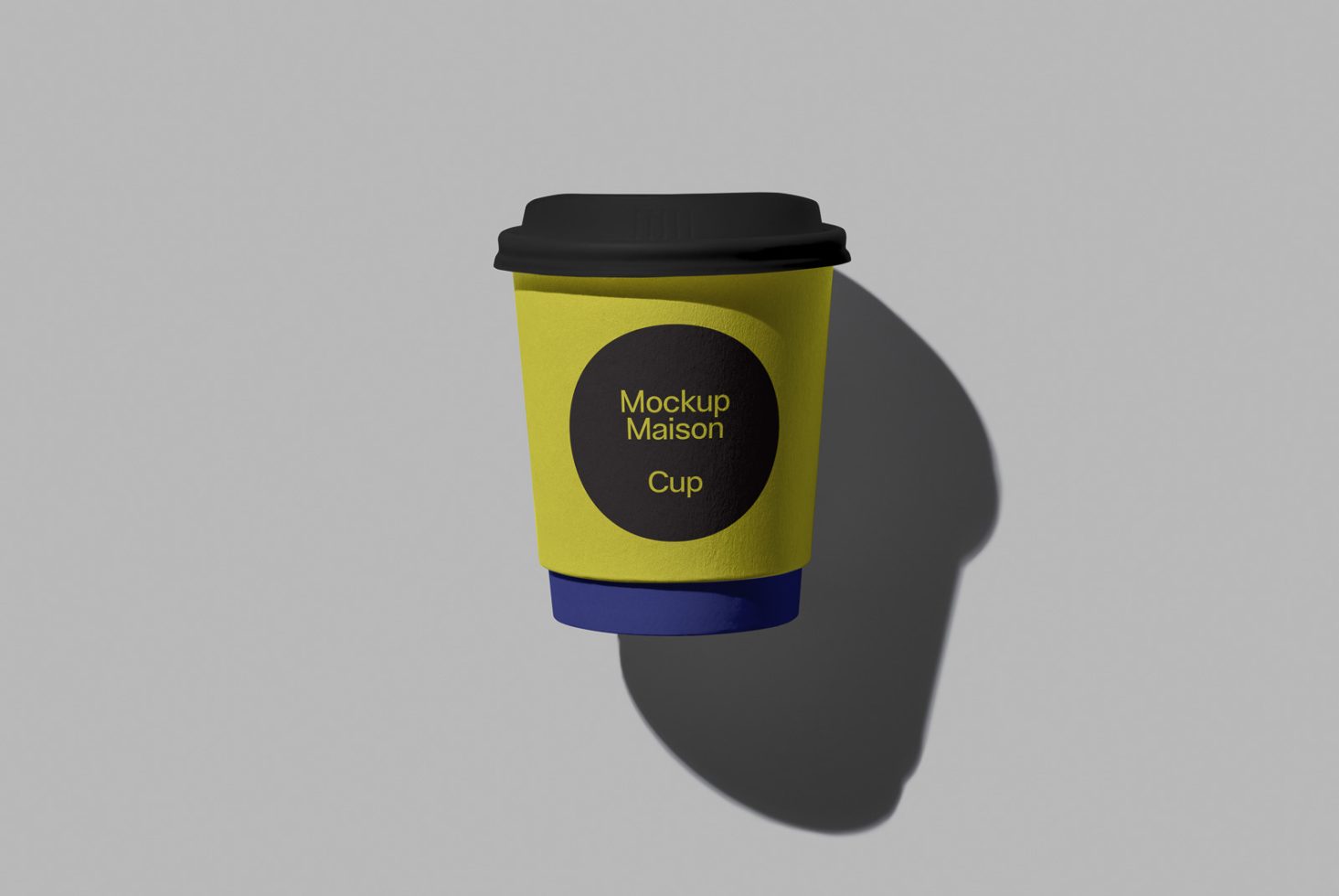 Yellow coffee cup mockup with black lid and blue holder, editable branding design, realistic shadows, isolated on grey, ideal for designers.