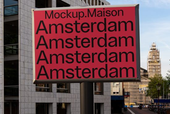Urban billboard mockup featuring dynamic fonts, situated in Amsterdam, ideal for presenting advertising and design projects.