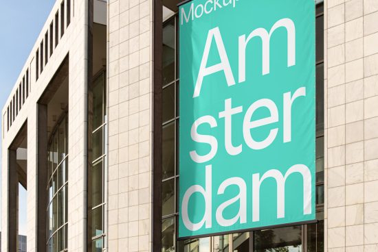 Outdoor banner mockup on building facade with bold typography design, displaying text Amsterdam, ideal for graphic designers.