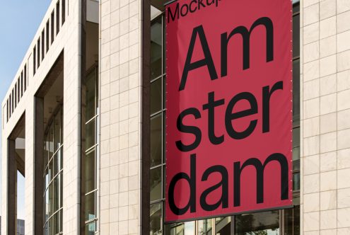 Urban Building Banner Mockup Displaying Bold Amsterdam Text for Outdoor Advertising and Marketing Design Projects.