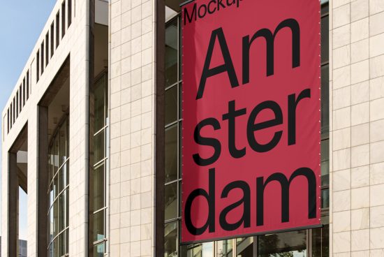 Urban Building Banner Mockup Displaying Bold Amsterdam Text for Outdoor Advertising and Marketing Design Projects.