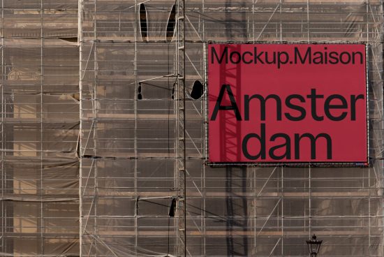 Urban billboard mockup on scaffolding, displaying bold text for branding, ideal for designers to showcase advertising designs.