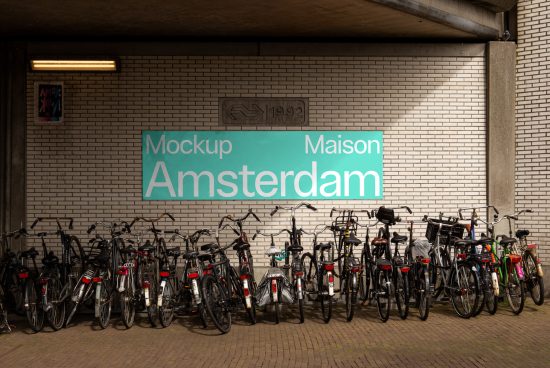 Outdoor billboard mockup in urban Amsterdam setting with rows of bicycles, suitable for advertising and signage design presentations.