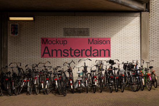 Urban bike parking signboard mockup on brick wall with bicycles lined up in Amsterdam. Realistic graphic design template.