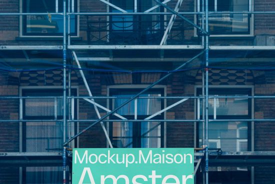 Scaffolding Mockup on building facade with large signage, ideal for realistic construction scene presentation, exterior design mockups.