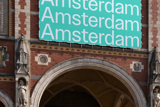 Vintage building facade with a modern sans-serif font 'Amsterdam' banner, ideal for mockup and graphic design resources.