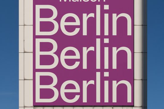 Bold white font with the word Berlin repeated on a purple background, clear sky, modern design for graphic and template inspiration.
