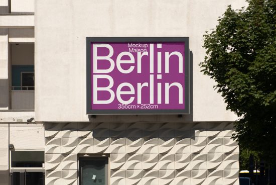 Outdoor billboard mockup featuring bold Berlin typography for urban marketing design showcasing on a building facade, dimensions 356cm x 252cm.