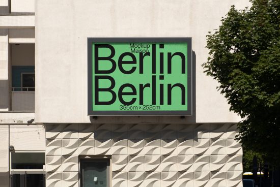 Urban billboard mockup featuring bold 'Berlin' text in a clean sans-serif font for advertising design presentations, placed on a building facade.