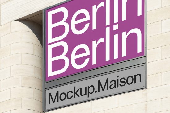 Outdoor billboard mockup on a building facade showcasing bold 'Berlin' text in a purple background for advertising design presentation.