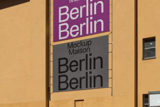 Urban banner mockup on building exterior displaying bold 'Berlin' text, ideal for showcasing font designs and graphic templates.