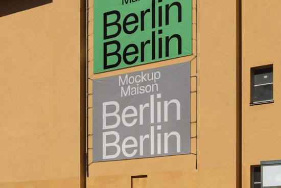 Urban outdoor banner mockup on building wall with typography design showcasing 'Berlin' text in two styles for graphic designers.