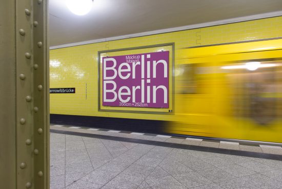 Subway advertisement mockup in Berlin station with blurred train motion, showcasing bold graphic design poster, useful for designers.