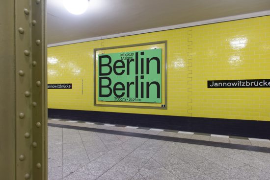 Subway station poster mockup in a bright yellow tiled wall setting, displaying large text 'Berlin' for design presentation.