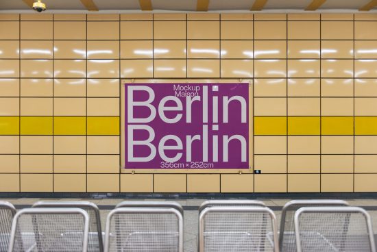 Subway advertisement mockup with bold Berlin text, purple and yellow color scheme, in a station setting for graphic design display.