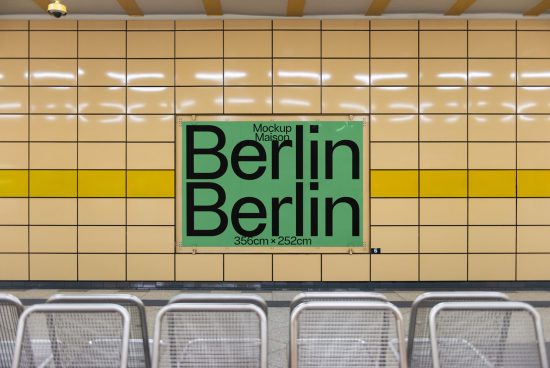 Poster mockup in subway station, tiled wall background, modern sans-serif font, green palette, urban advertising display, designer template.