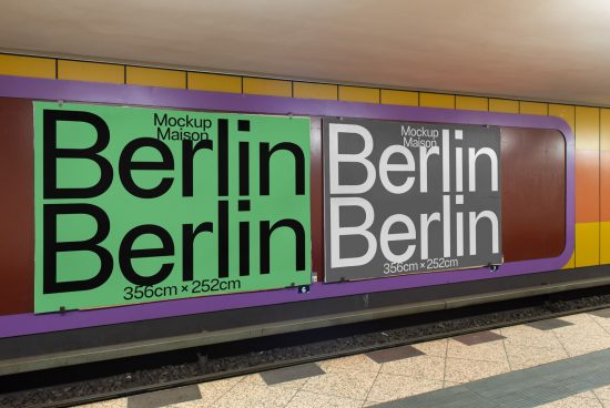 Urban billboard mockup with Berlin typographic design in subway setting, ideal for presentations and graphic design projects.