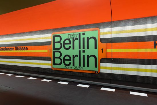 Metro station billboard mockup featuring large sign with green text 'Berlin', orange and yellow striped background, ideal for advertising designs.