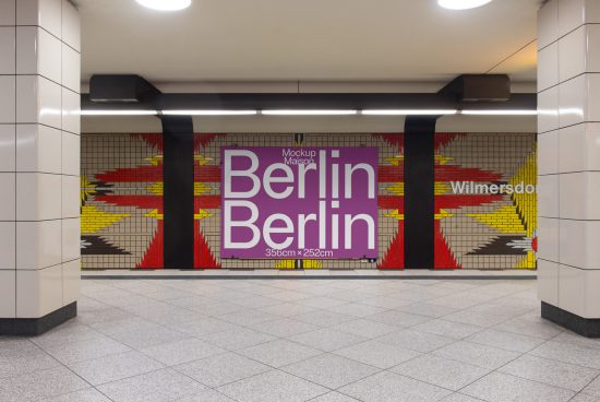 Subway station ad mockup featuring large Berlin poster, tiled walls with mural, for graphic design presentation.