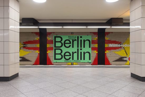 Subway ad mockup display in a Berlin station featuring colorful tile artwork, suitable for poster design presentations.