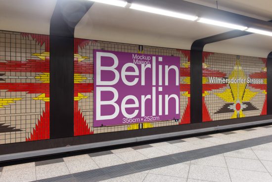 Large-scale Berlin wall poster mockup in a subway station, with vibrant graphics and polished presentation, useful for advertising design display.
