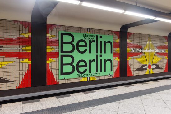 Berlin billboard mockup displayed in subway station with mosaic art wall for designers to showcase advertising designs in realistic settings.