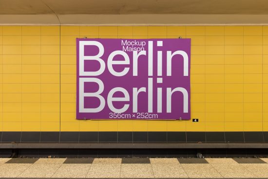 Berlin poster mockup on subway station wall with yellow tiles for graphic designers showcasing fonts and large format print advertising.