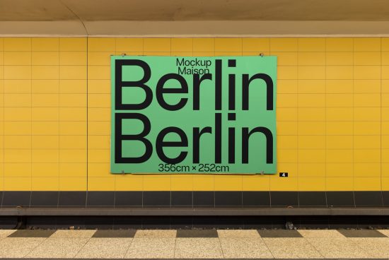Billboard mockup in subway station with yellow tiles featuring bold Berlin typography design for advertising and poster presentations.