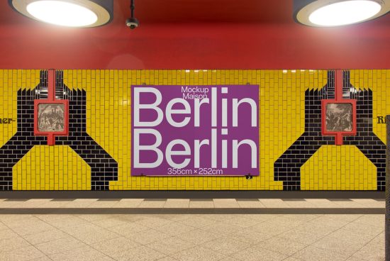Mockup of purple Berlin poster on yellow tiled wall at subway station for advertising, design presentation, and portfolio display.