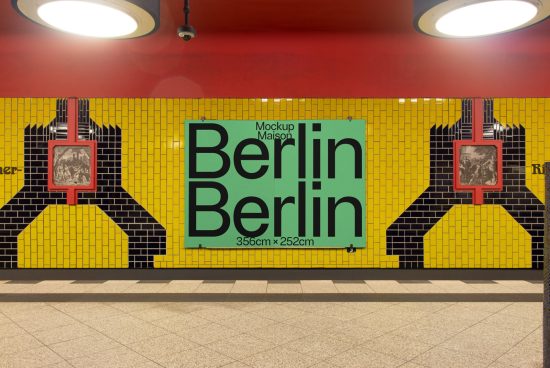 Mockup of a poster with Berlin text on yellow tiled wall in a metro station for graphic designers and advertising.