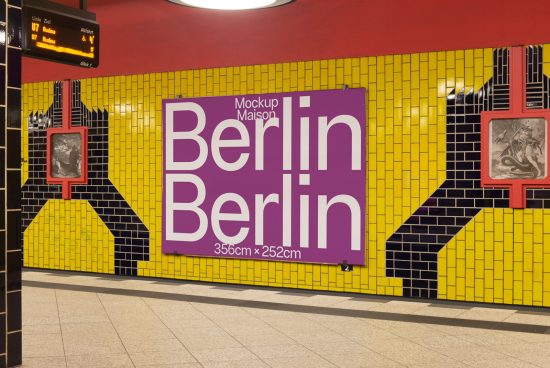 Subway station mockup poster with bold typography design, Berlin theme on tiled wall, digital asset for advertising, urban mockup template.