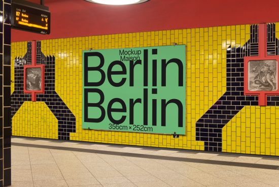 Wall poster mockup in a metro station displaying bold Berlin text, perfect for designers looking for urban mockups and graphics.