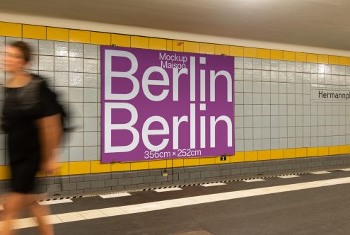 Subway station mockup poster with bold purple font "Berlin", person walking by, ideal for advertising design presentations.