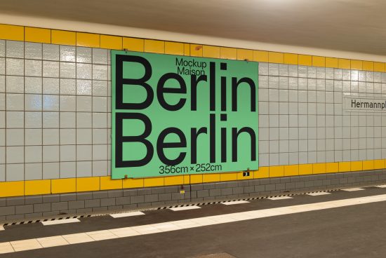 Wall-mounted poster mockup in subway station with bold 'Berlin' typography, ideal for designers looking to showcase advertising designs.