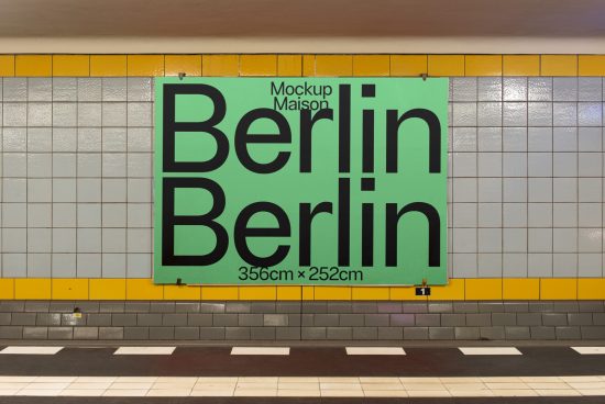 Wall poster mockup in subway station featuring bold typography for Berlin design, size 356cm x 252cm, ideal for graphic presentations.