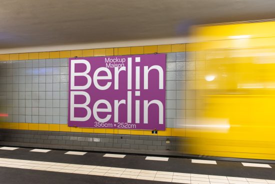 Billboard mockup in a subway station with a passing train, showcasing dynamic advertising potential for designers and marketers.