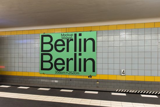 Subway advertisement mockup with bold Berlin text, tiled wall background, platform perspective, ideal for poster design presentations.