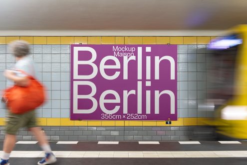 Dynamic poster mockup in subway station with blurred train and passerby, showcasing bold typography design for urban advertising.