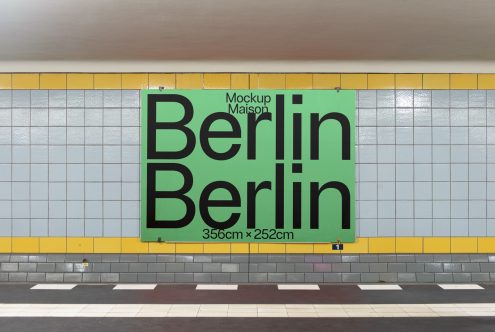 Subway billboard mockup featuring large text 'Berlin' displayed on platform, ideal for designers to showcase graphic designs and fonts.