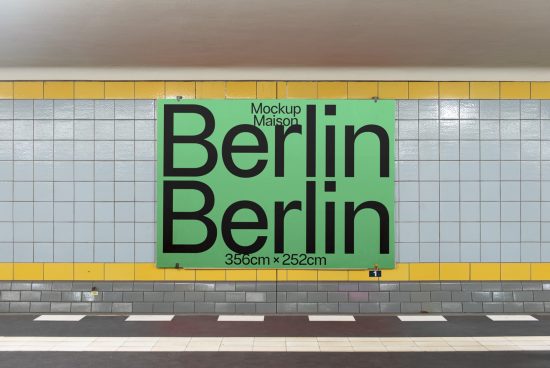 Subway billboard mockup featuring large text 'Berlin' displayed on platform, ideal for designers to showcase graphic designs and fonts.