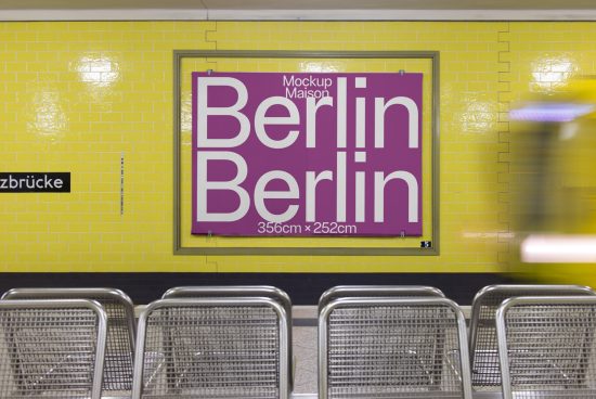 Bright poster mockup on subway station wall with yellow tiles and metallic seating, showcasing typography design, for graphic presentations.