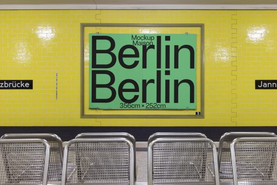 Yellow tiled subway station wall with green poster mockup, metal seating, and platform signage for design presentation.