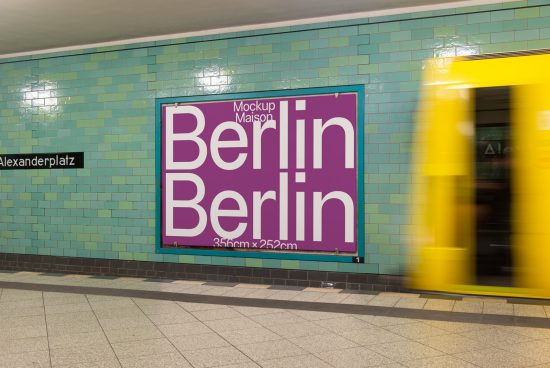 Mockup of a poster with bold Berlin text in metro station as train passes by, showcasing dynamic urban advertising space for designers.